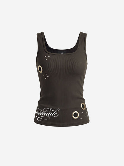 Letter Embroidered Rhinestone Eyelet Ribbed Tank Top