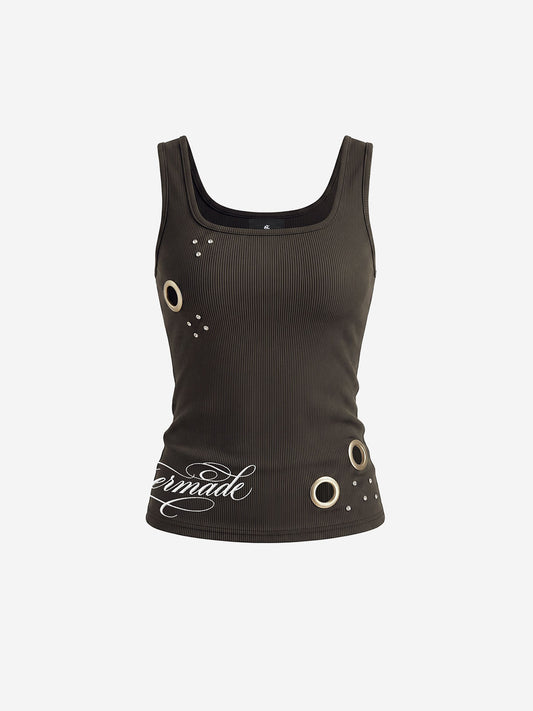 Letter Embroidered Rhinestone Eyelet Ribbed Tank Top