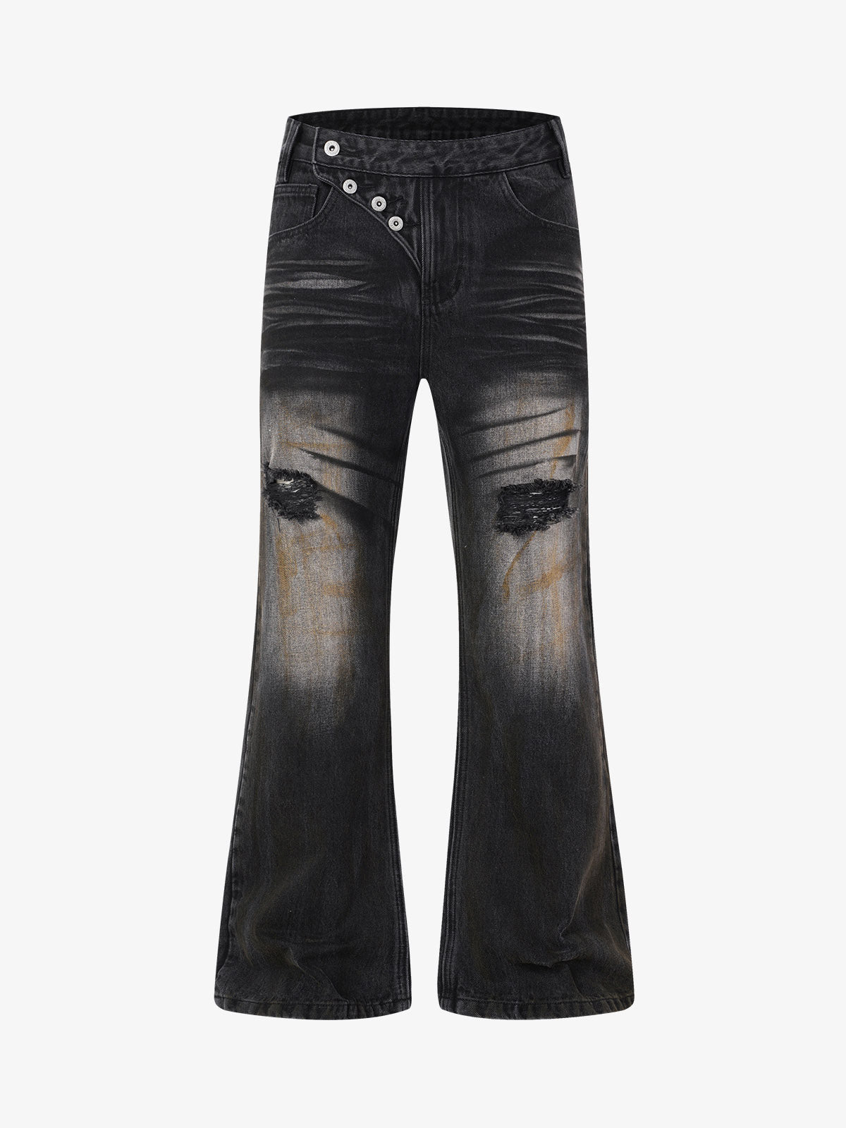 Distressed Button Fly Bootcut Jeans