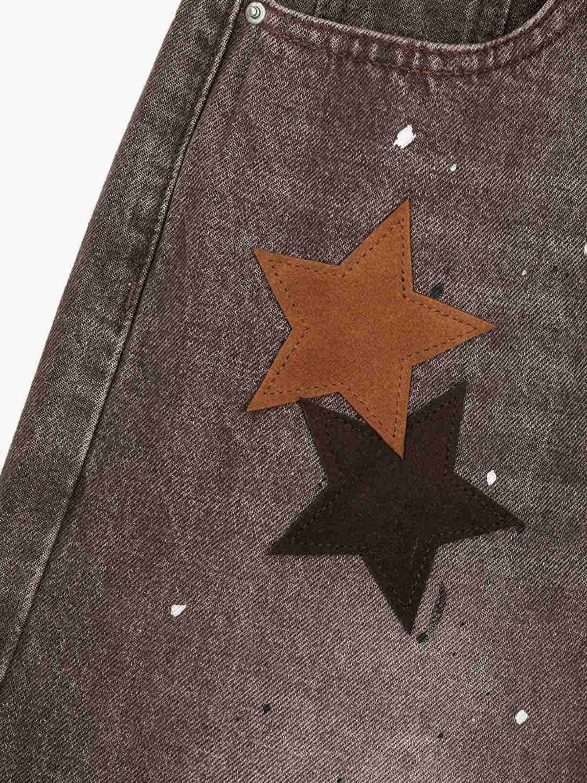 Retro Patchwork Washed Wide Leg Denim Jeans