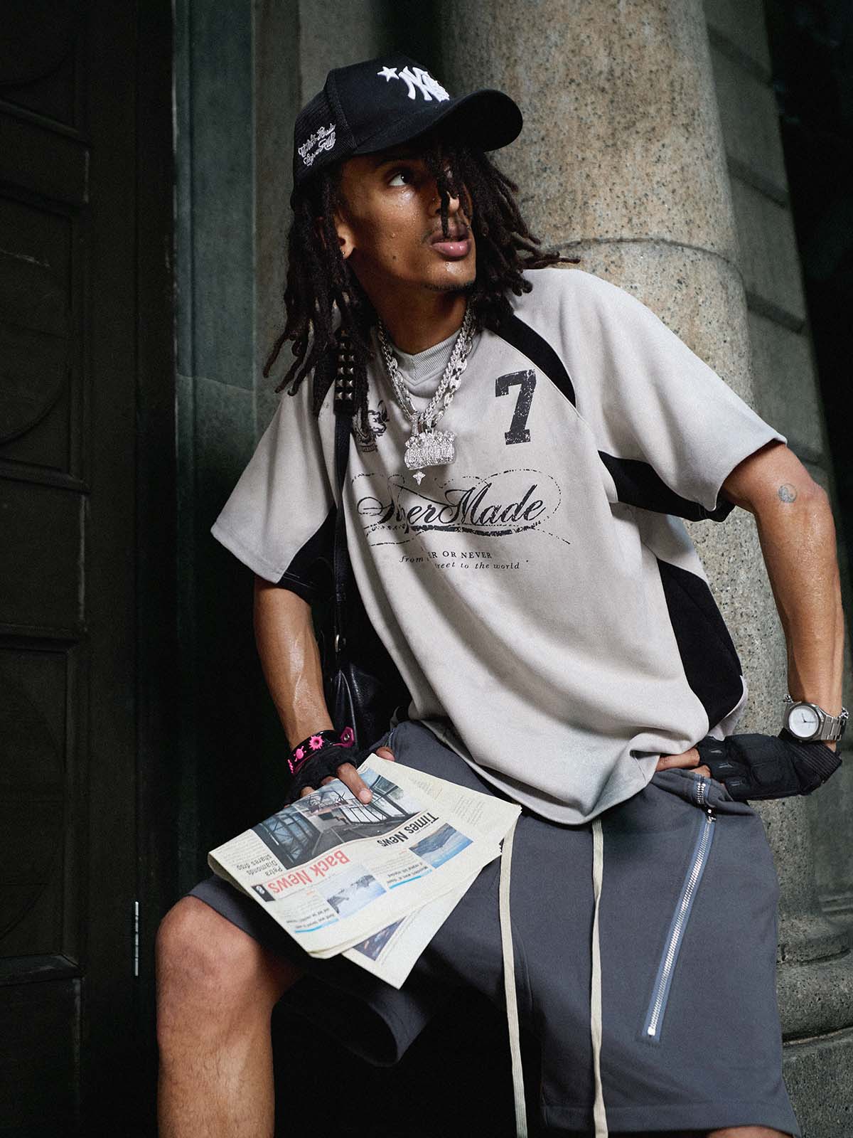 Faux Suede Panel Graphic T-Shirt