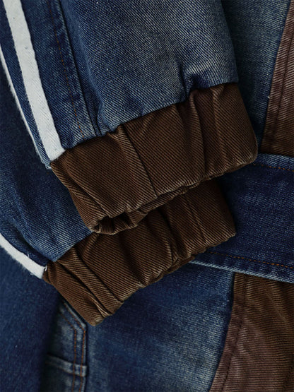 Stylish Denim Jacket with Embroidered Details and Striped Sleeves 