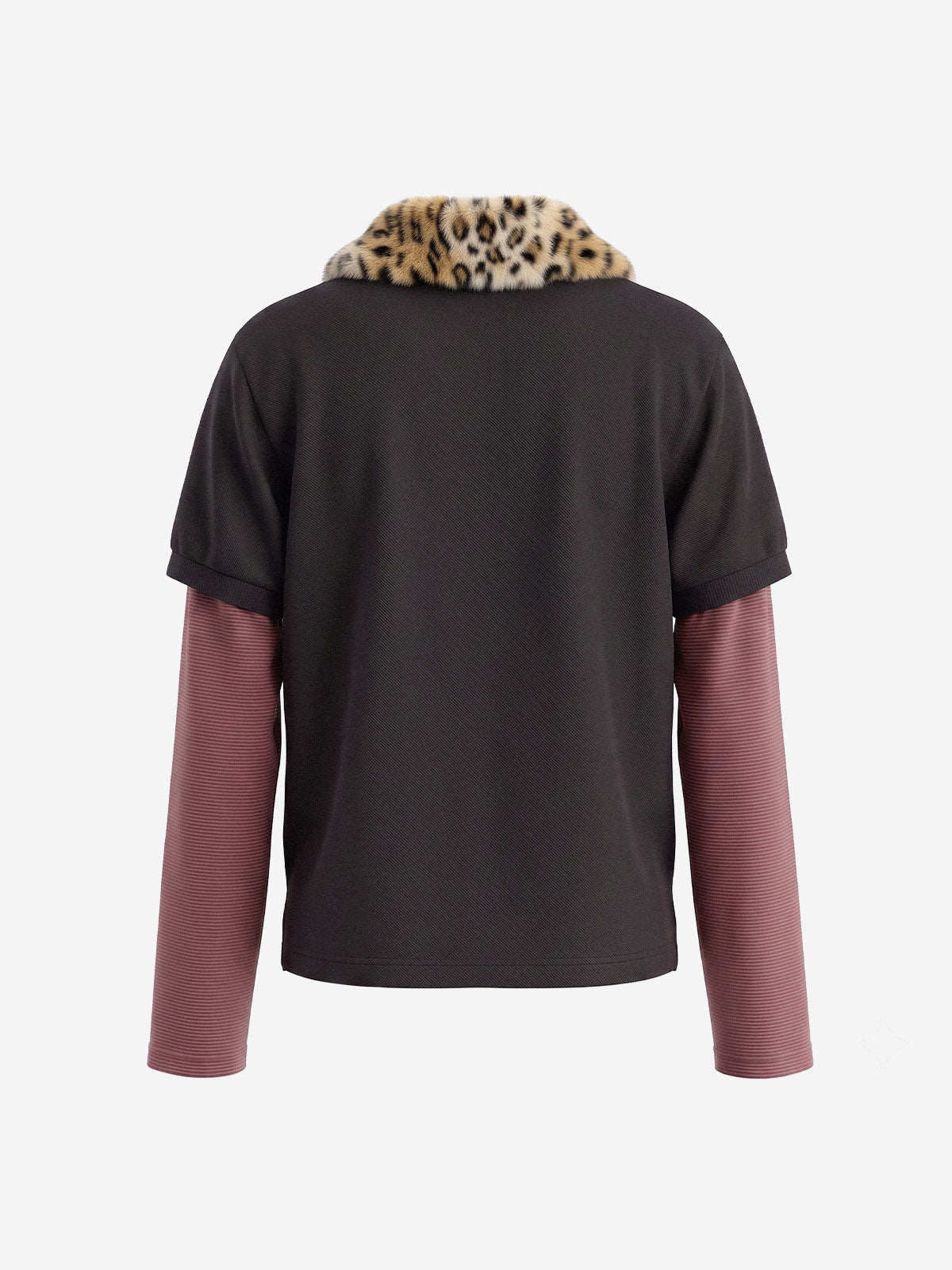 Leopard Fur-Collar Layered Distressed Long Sleeve Polo