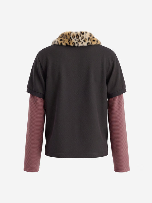 Leopard Fur-Collar Layered Distressed Long Sleeve Polo