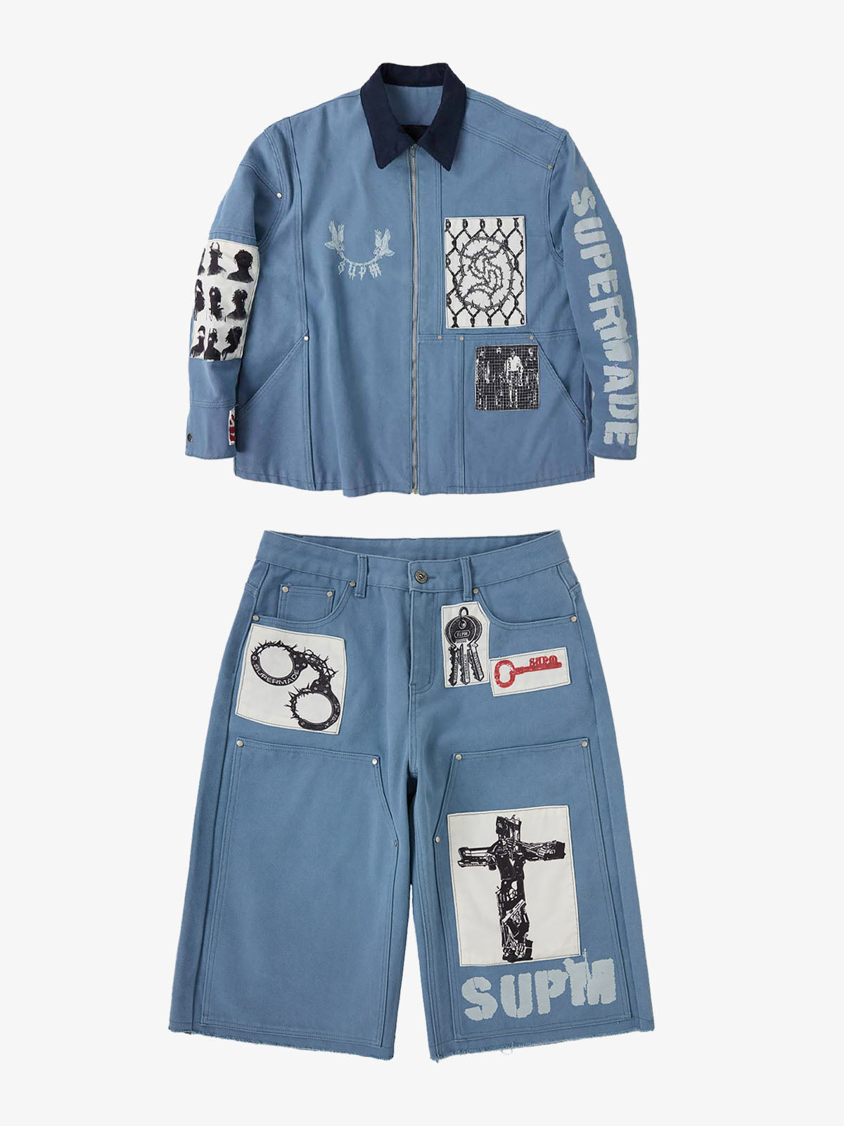 Supermade Multi-Element Appliqué Patchwork Denim Suit 