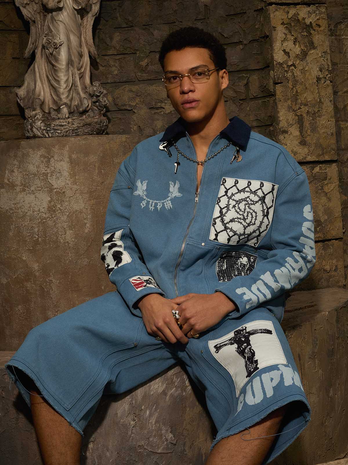Supermade Multi-Element Appliqué Patchwork Denim Suit 