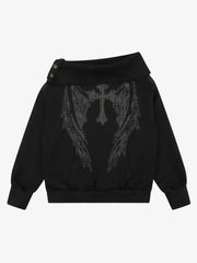 Sweatshirt mit gekreuztem Flügel-Grafik und Strasssteinen