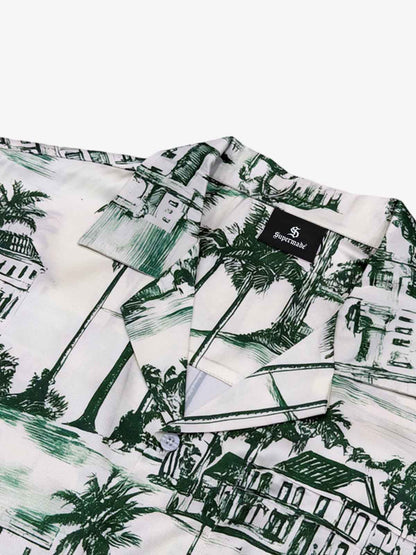 Vintage Green Coconut Tree Camp Collar Boxy Shirt 