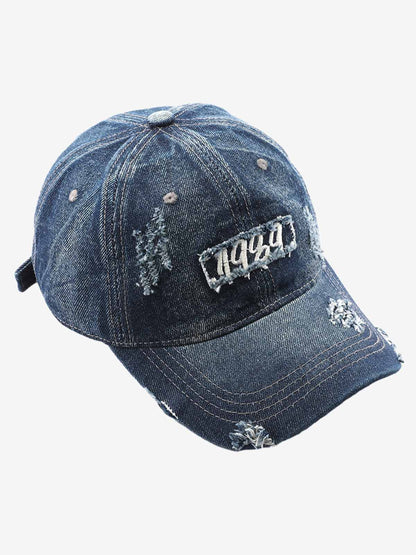 Distressed Denim Baseball Cap with Vintage 1920s Patch - Perfect for Casual and Sporty Looks 