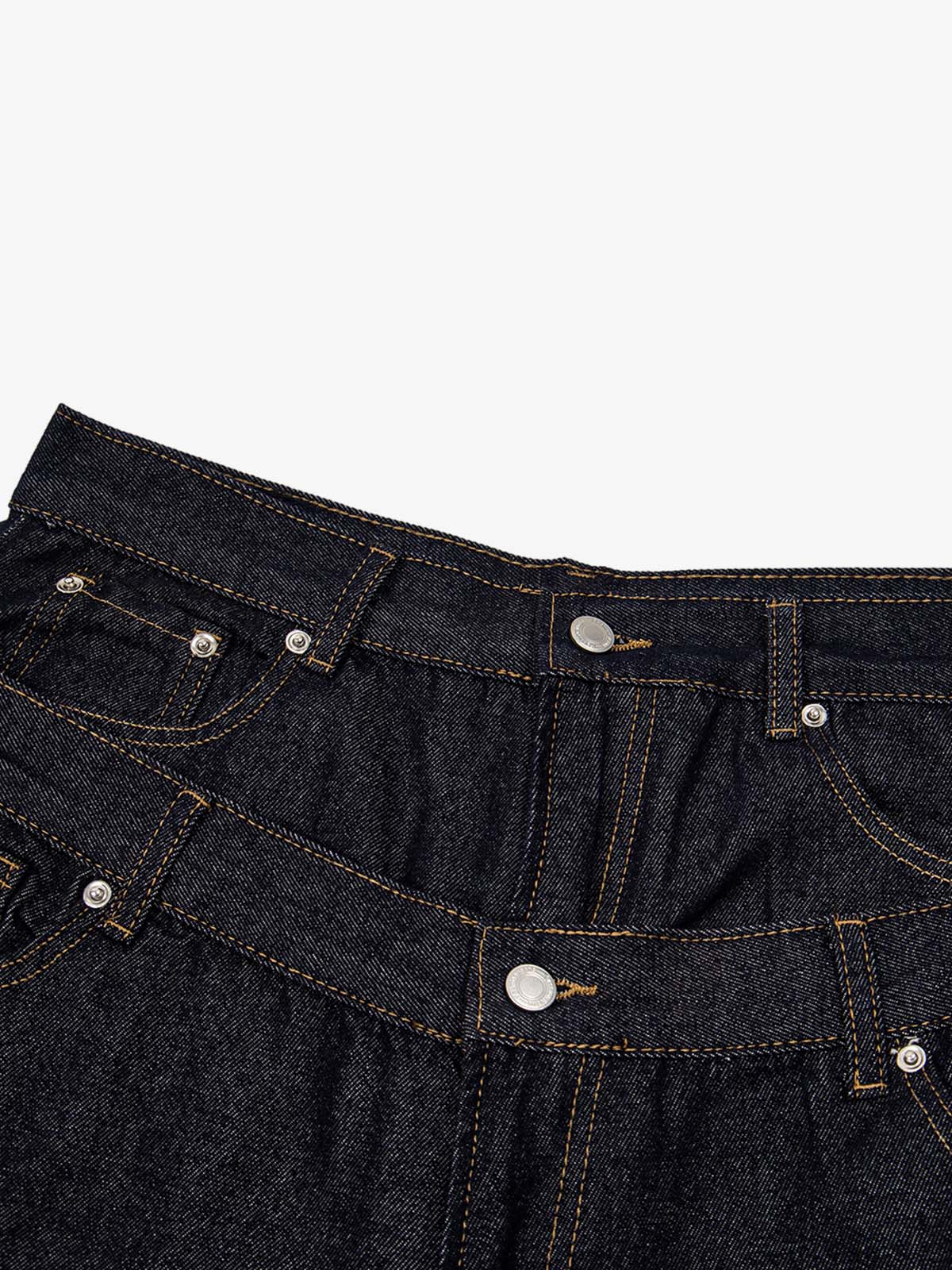 Raw Denim Oversized Shorts – High-Waisted Cotton with Dual Waistband & Rivet Detail