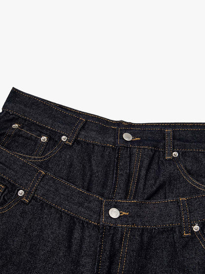 Raw Denim Oversized Shorts – High-Waisted Cotton with Dual Waistband & Rivet Detail