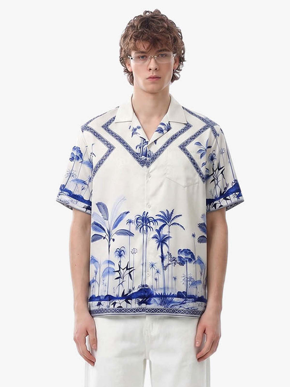 Geometric Palm Leaf Camp Collar Boxy Shirt 