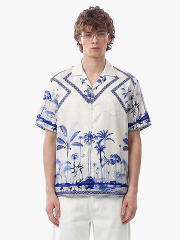 Geometric Palm Leaf Camp Collar Boxy Shirt 