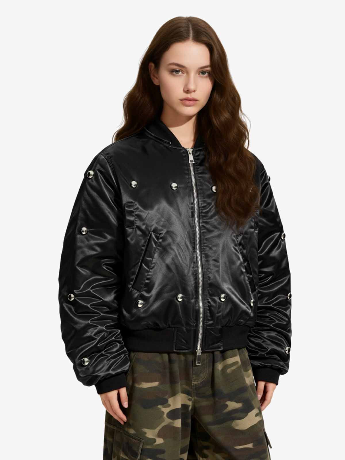 Detachable Faux Fur Collar Glossy Padded Bomber Jacket