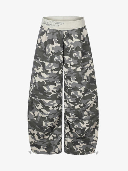 Ribbed Folded Waist Camo Barrel Baggy Sweatpants