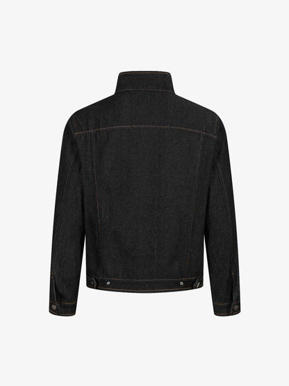 Dark Denim Toggle Button Jacket with Stand Collar and Front Pockets 