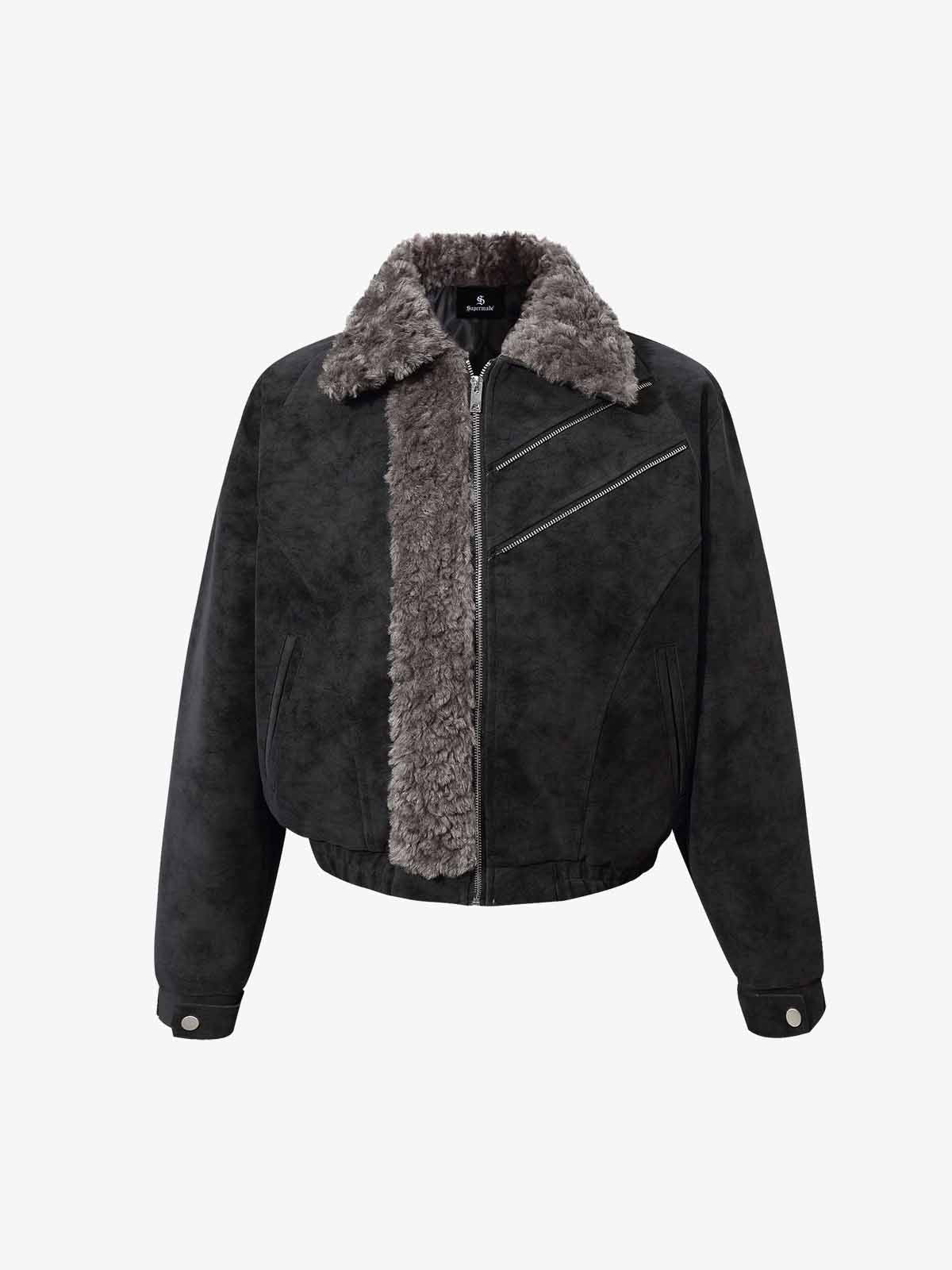 Retro Suede Texture Shearling Collar Fleece Bomber Jacket 