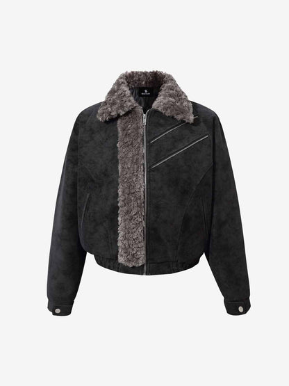Retro Suede Texture Shearling Collar Fleece Bomber Jacket 