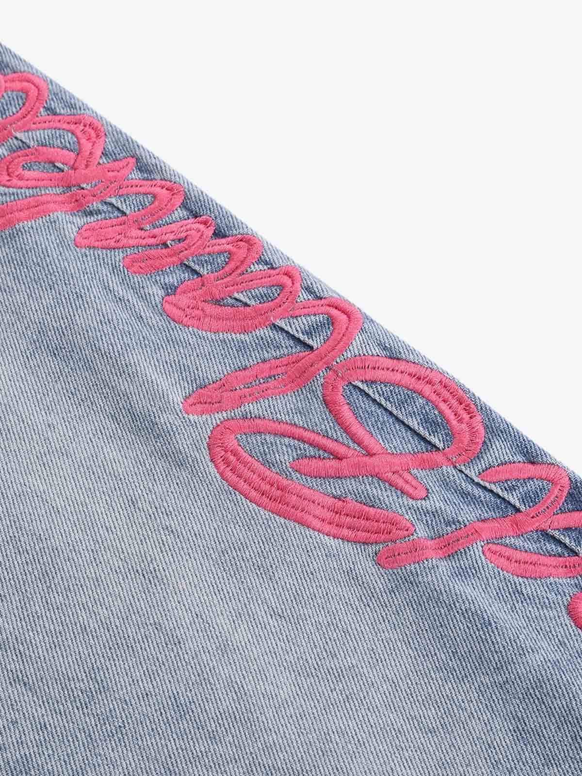 Pink Letter Embroidered Curved-Seam Jeans
