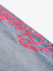 Pink Letter Embroidered Curved-Seam Jeans