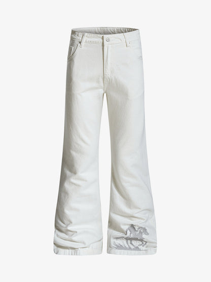 Embroidered Horse Wide Leg Denim Flare Jeans
