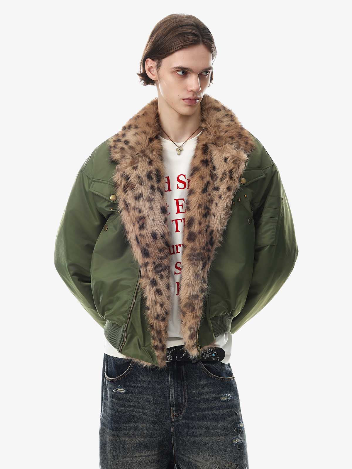Leopard Faux-Fur Collar Studded Jacket