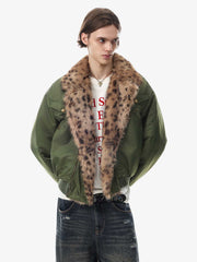 Leopard Faux-Fur Collar Studded Jacket