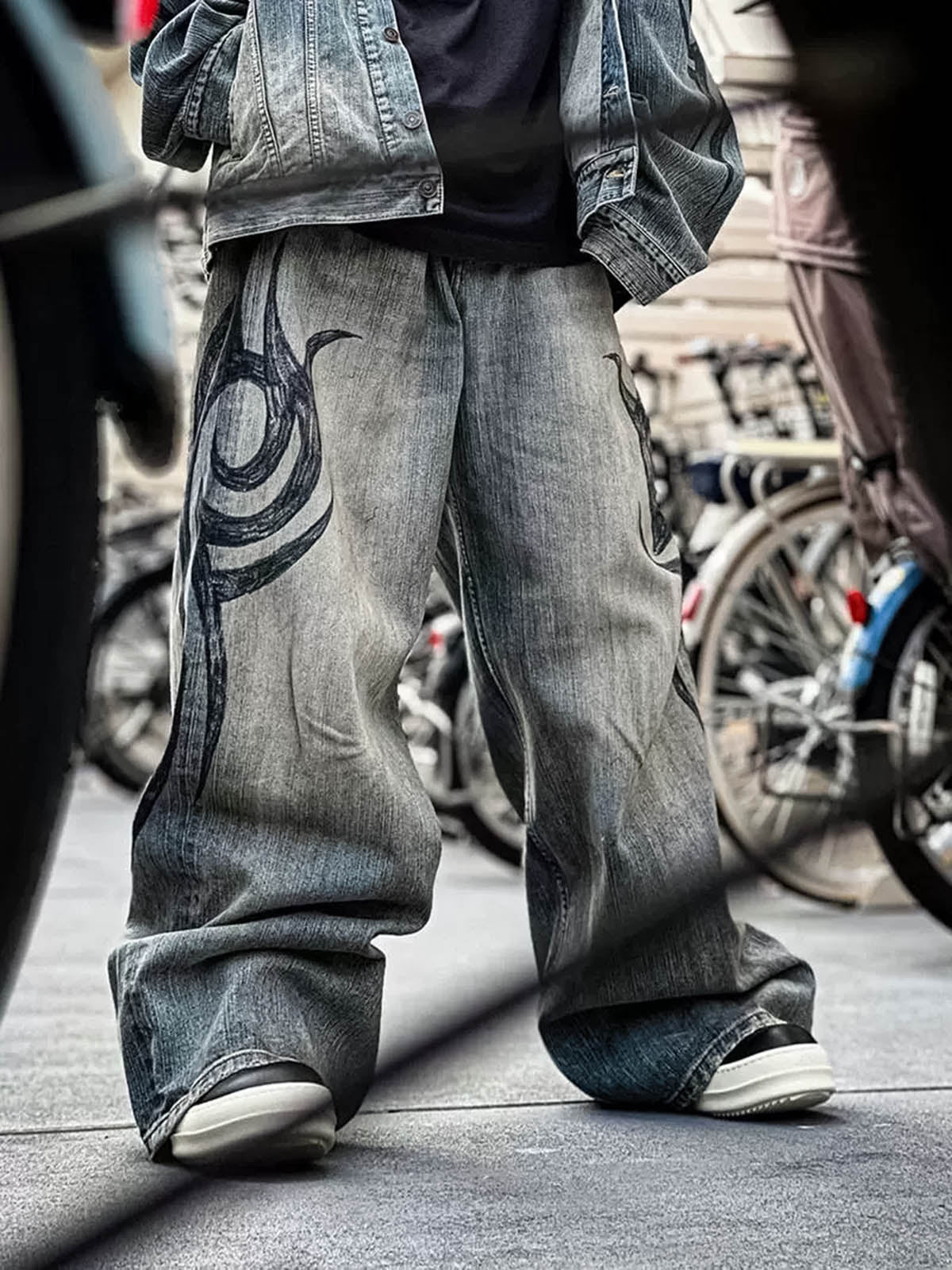 Unique Wide-Leg Denim Pants with Artistic Spider Design for Fashion Lovers 