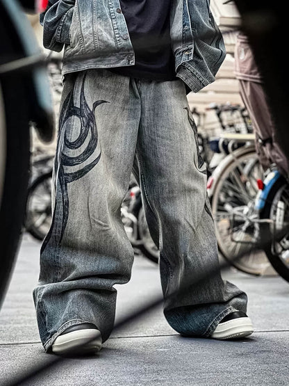 Unique Wide-Leg Denim Pants with Artistic Spider Design for Fashion Lovers 