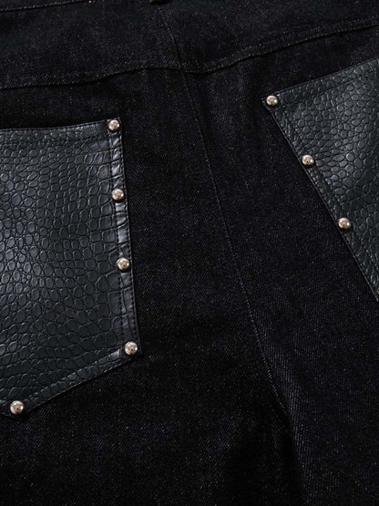 Black Denim Jacket with Croc-Embossed Trim – Metal Snap Button Streetwear Jacket