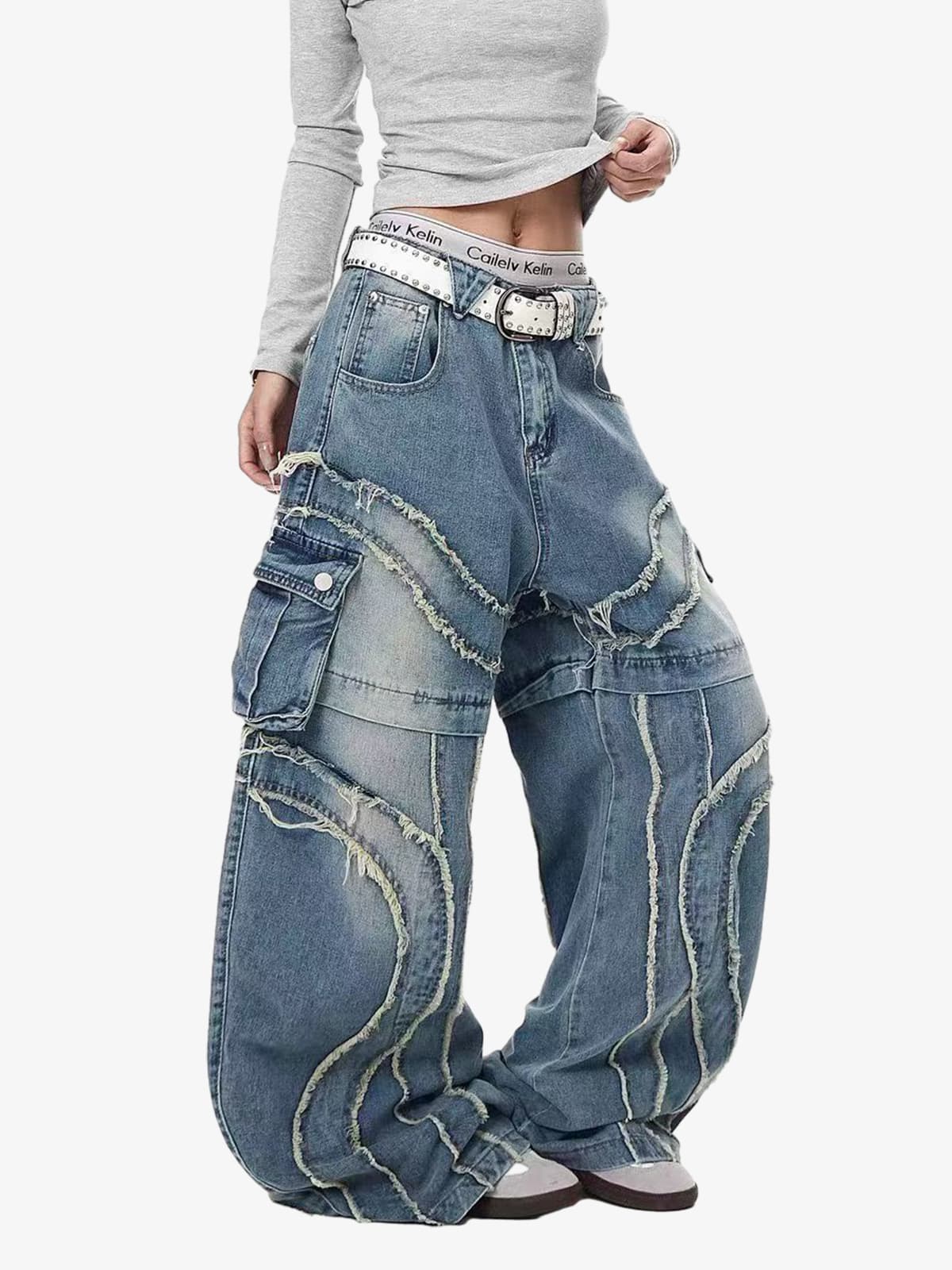 Retro Patchwork Frayed-Edge Heavy-Duty Jeans 