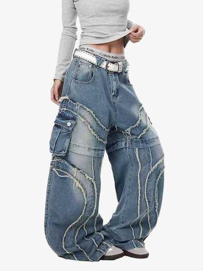 Retro Patchwork Frayed-Edge Heavy-Duty Jeans 