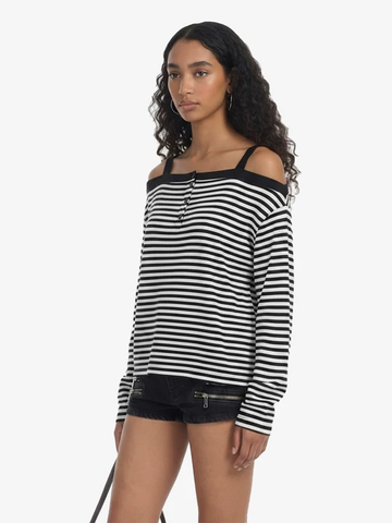 Striped Off-Shoulder Henley T-Shirt 