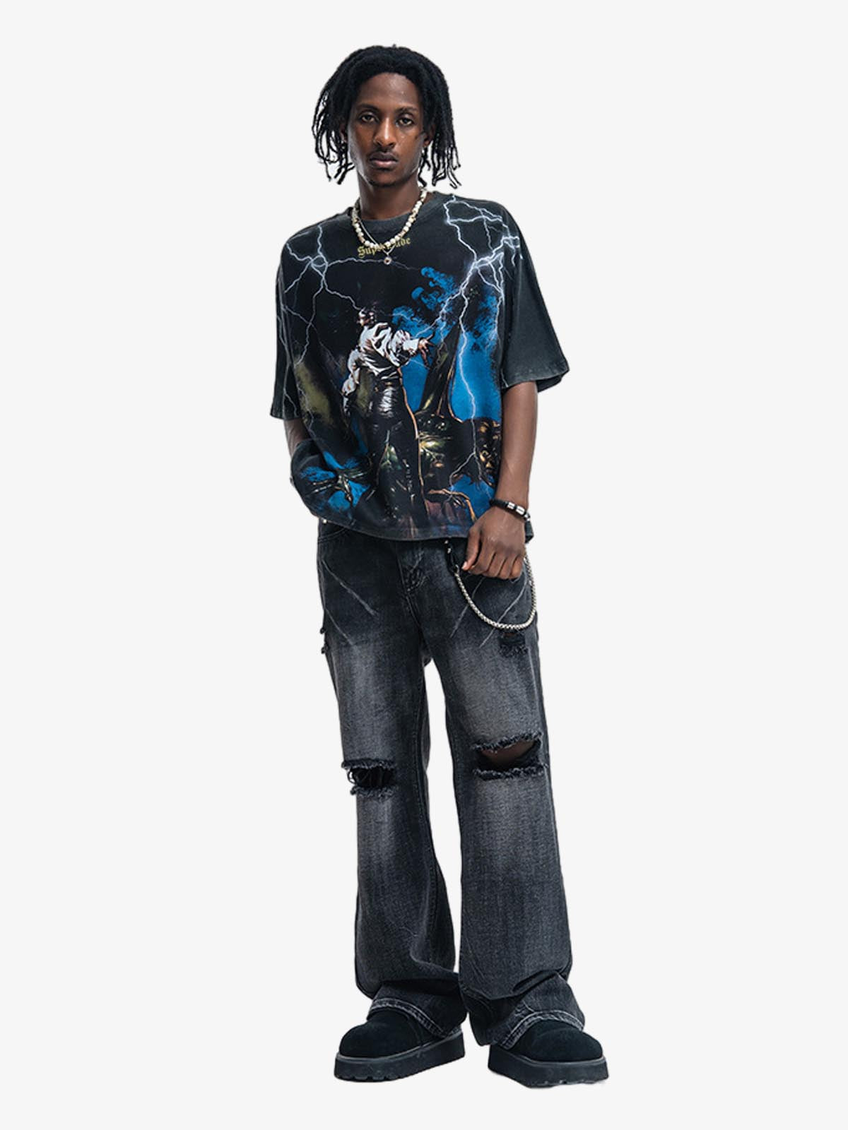 300G Jade Pattern Dyed Cotton T-Shirt with Lightning Graphic Print Oversized Streetwear Tee 