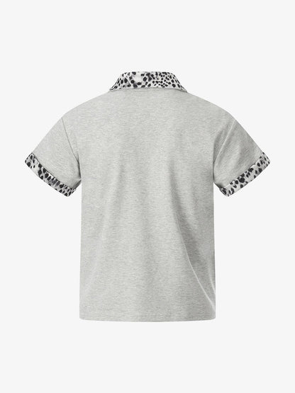 Leopard Trim Half Zip Polo T-Shirt 