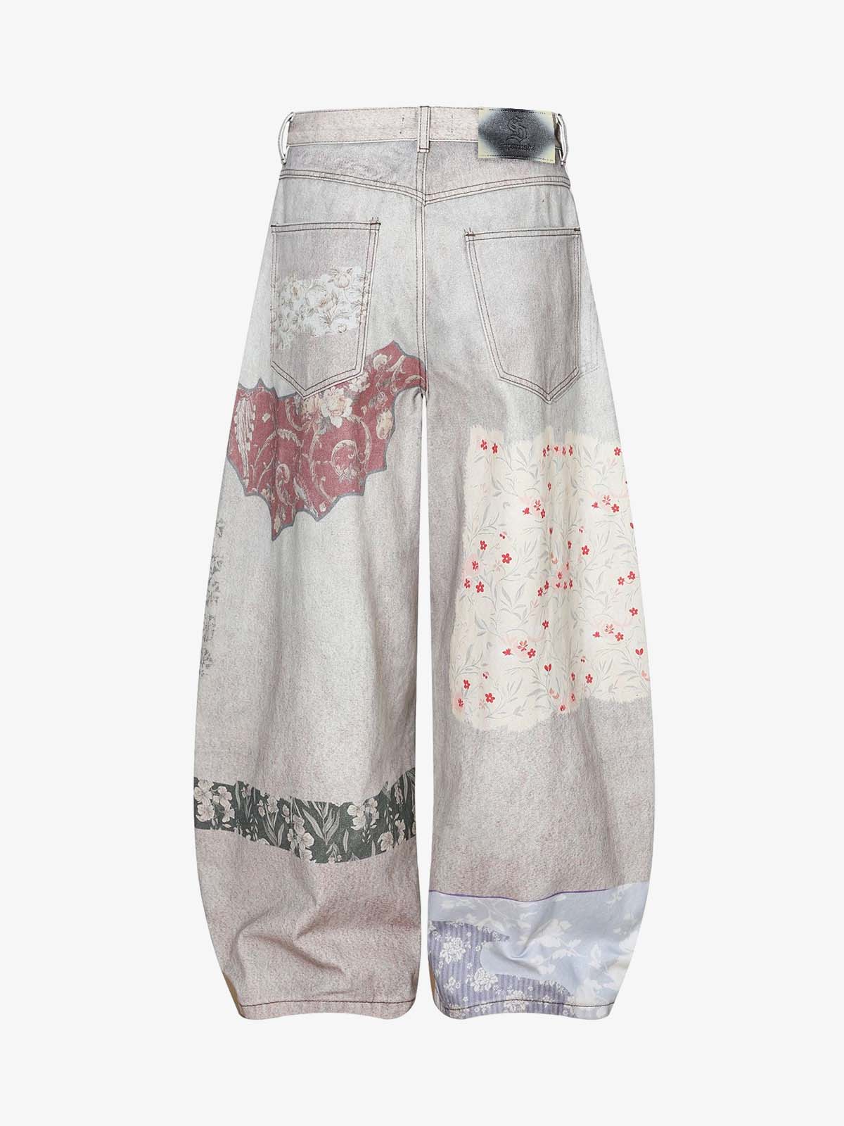 Cotton Patchwork Wide Leg Pants with Equestrian Print and Plaid Details 