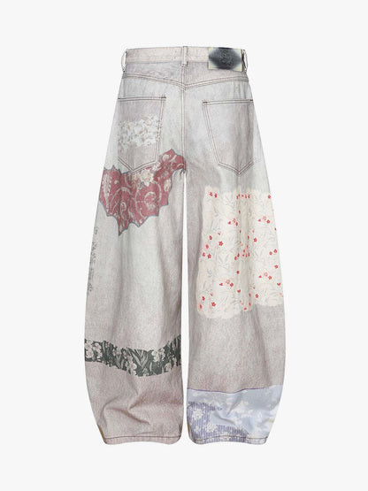 Cotton Patchwork Wide Leg Pants with Equestrian Print and Plaid Details 