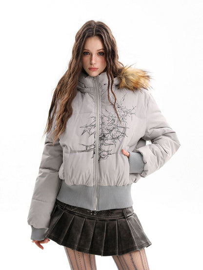 Retro Dark Print Faux Fur Collar Quilted Jacket 