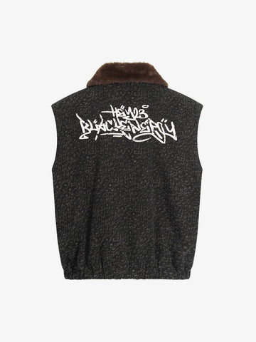 Vintage Leopard Print Fleece Zip Up Vest 