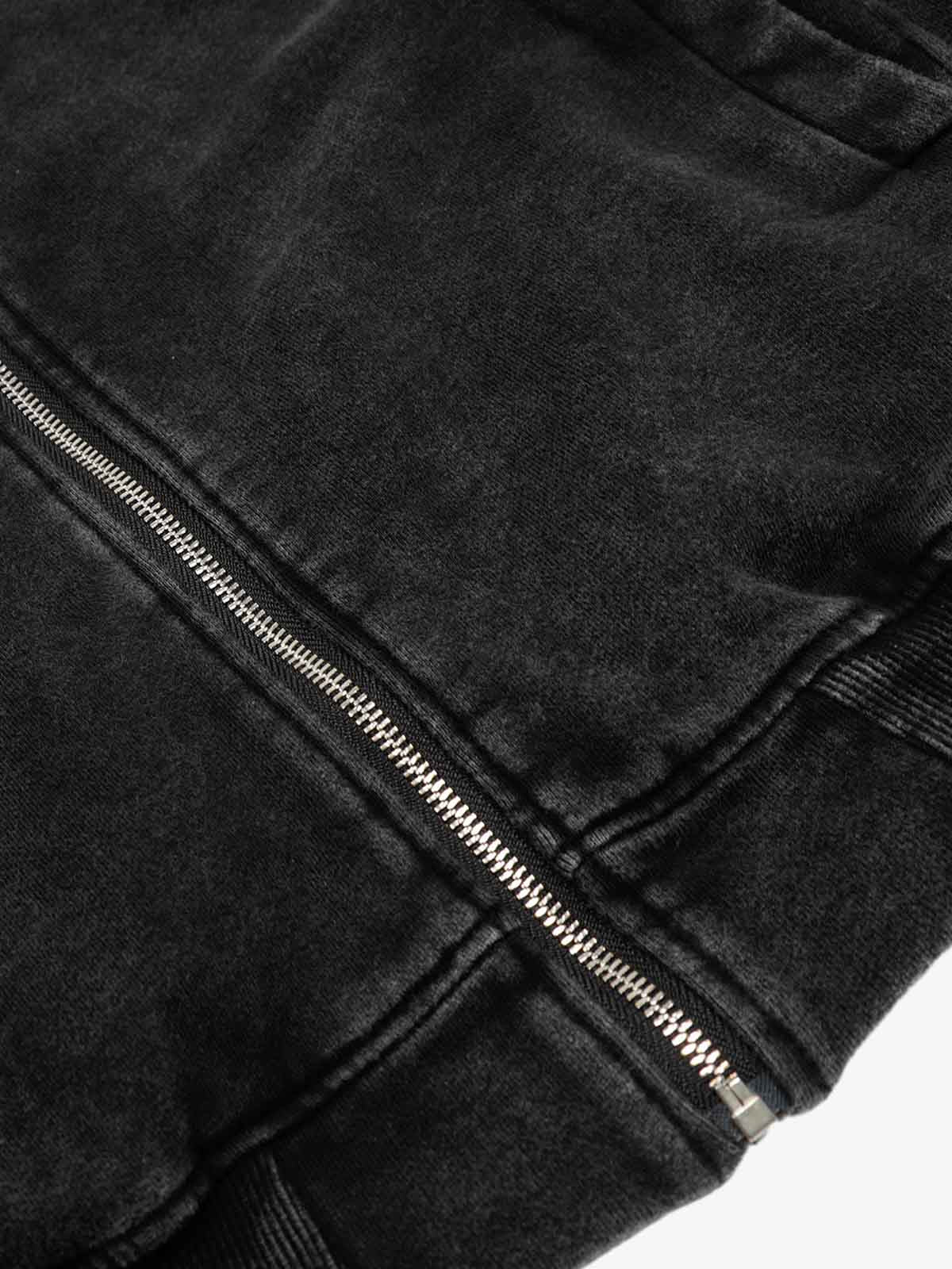 Distressed Washed Asymmetrical Placket Zip-Up Hoodie