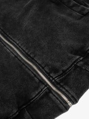 Distressed Washed Asymmetrical Placket Zip-Up Hoodie