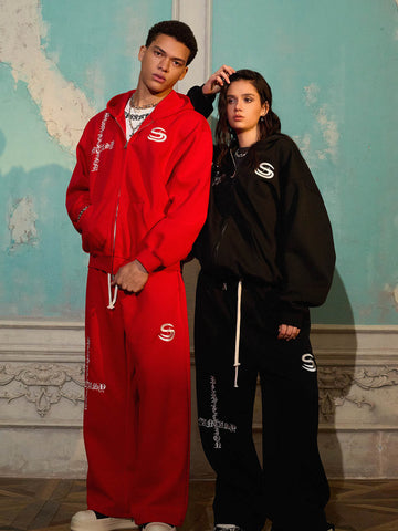 Gothic Letter Cross Embroidery Zip Up Hoodie and Sweatpants Set 