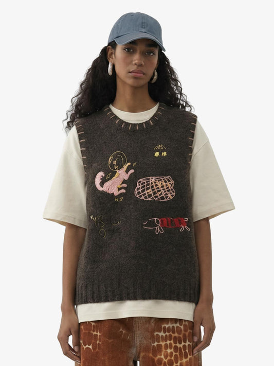 Vintage Embroidered Graphic Knit Sweater Vest