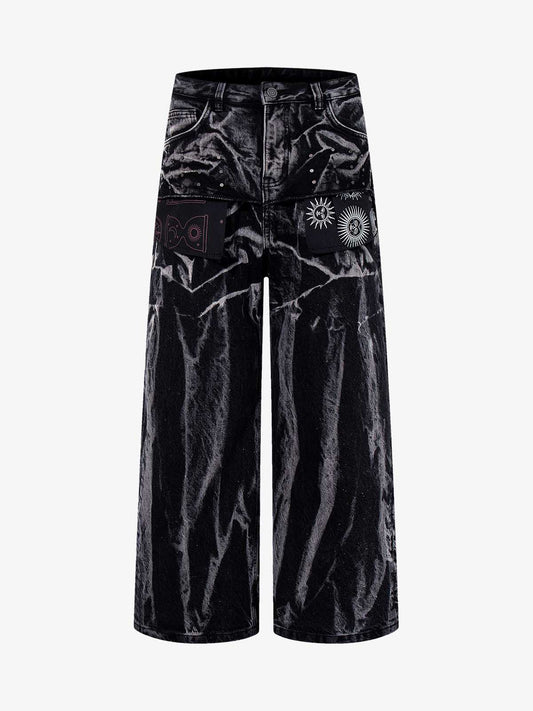 Washed Graphic Patch Baggy Jeans 