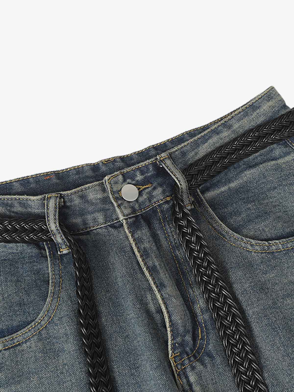 Braided Drawstring Waist Patchwork Cargo Jeans 