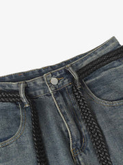 Braided Drawstring Waist Patchwork Cargo Jeans 