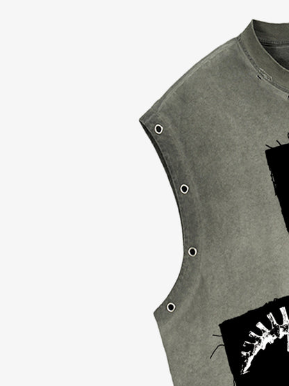 Distressed Sleeveless Crop Top with Barbed Wire Graphic Design 