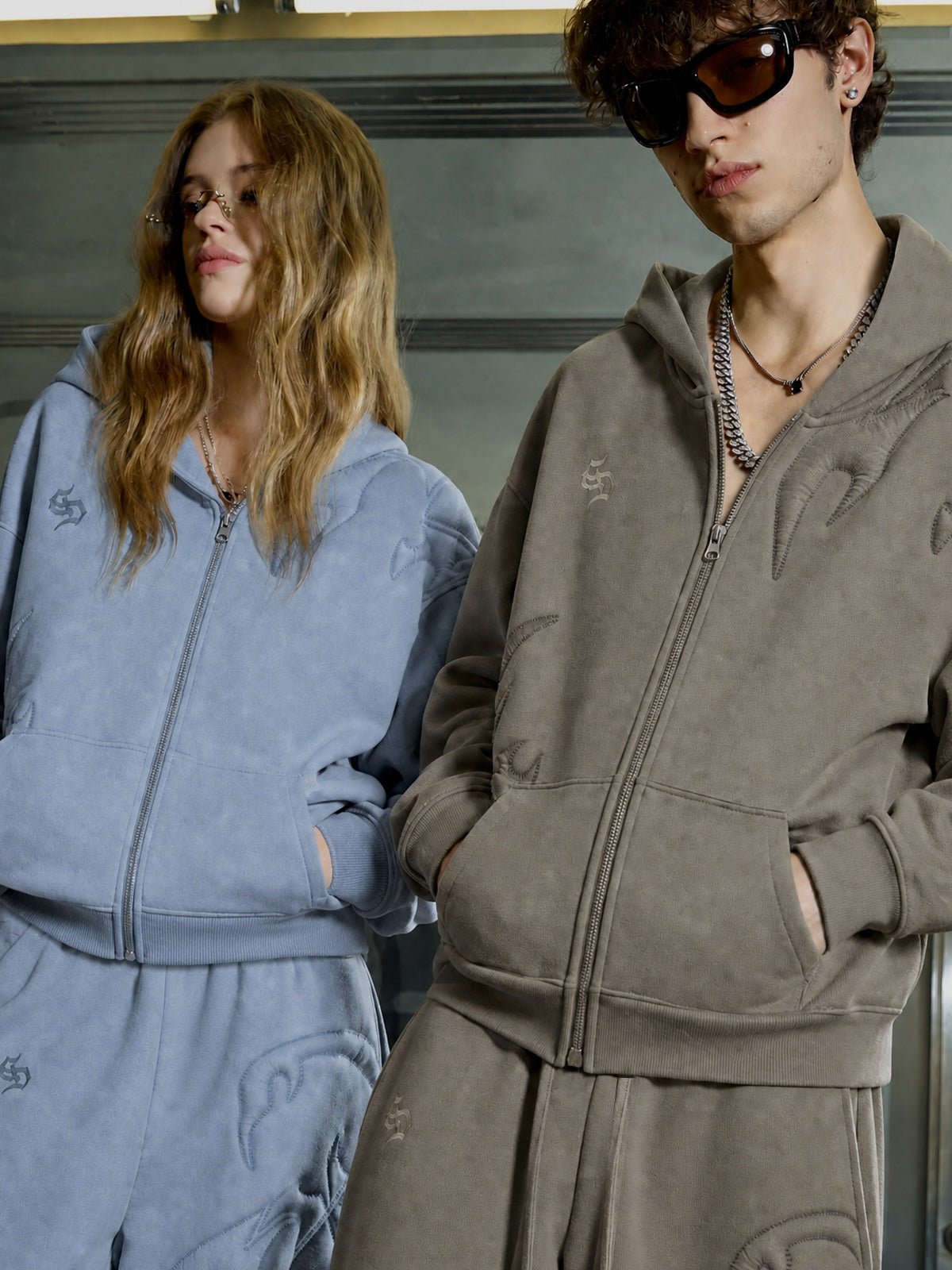 Cotton-Blend Quilted Padded Embroidered Hoodie & Wide-Leg Sweatpants Set