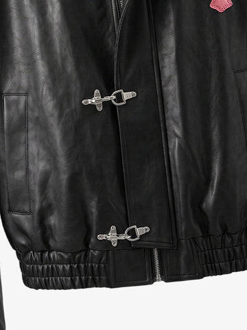 Cross Embroidered Color Block Cropped Biker Jacket