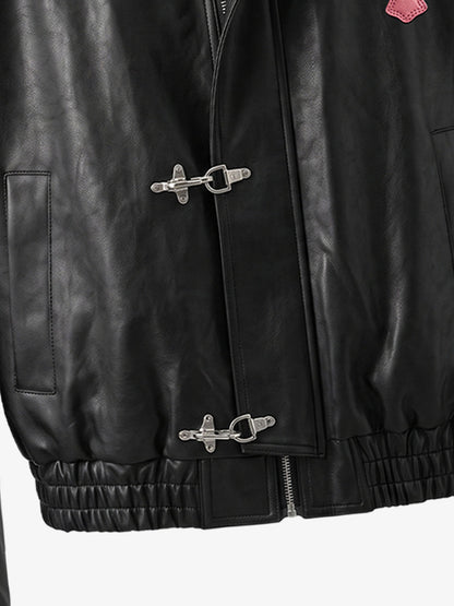 Cross Embroidered Color Block Cropped Biker Jacket